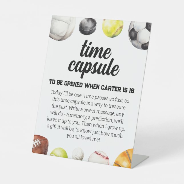 Rookie Year Sports 1st Birthday Time Capsule Pedestal Sign (Front)