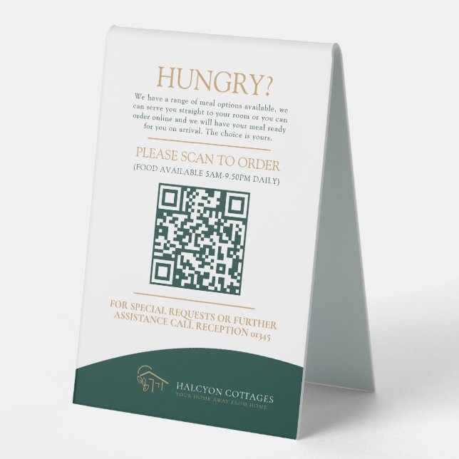 Room service food ordering hotel QR code green Table Tent (Front)
