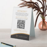 Room service food ordering hotel QR code Table Tent Sign<br><div class="desc">Inform your guests on how they can order food to their room with this simple black and gold colored curve on a white background friendly QR code sign food room service in house catering sign. Ideal to get your guests in the mood for food and keep them dining with you,...</div>