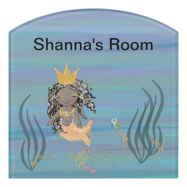 Room Sign for Child with Black Mermaid (Contour Front)