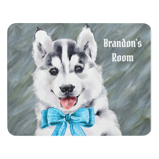 Room Sign for Child with Husky Dog Puppy (Contemporary Front)