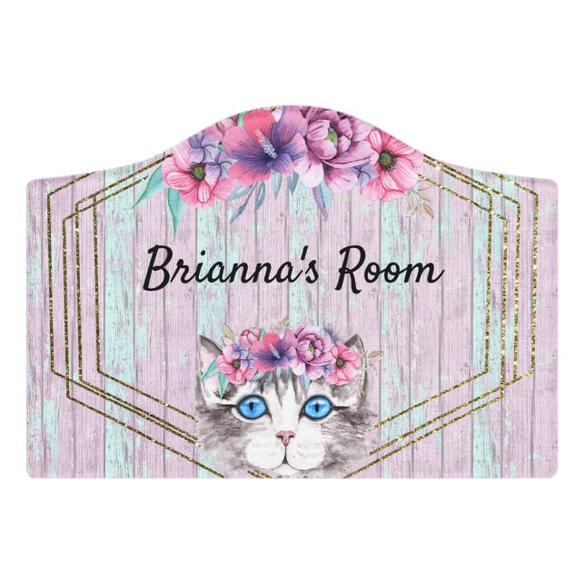 Room Sign with Cute Cat & Pastel Background (Small Crest Front)