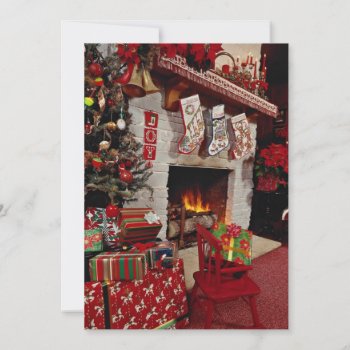 Room With Stone Fireplace  Christmas Setting Holiday Card by inspirelove at Zazzle