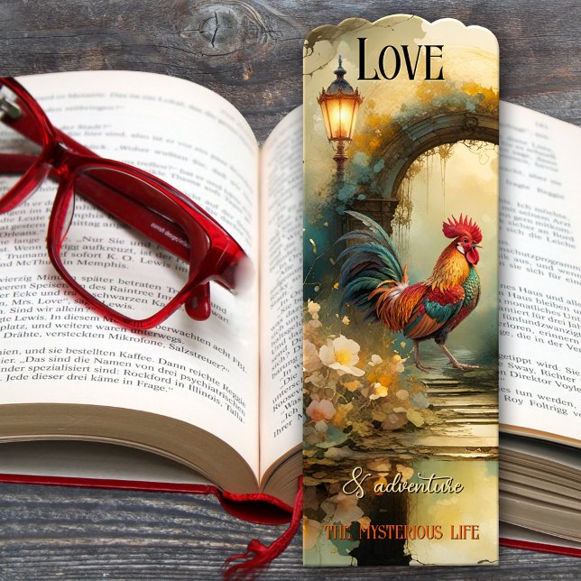 Rooster Adventure and Romance Fine Art Bookmarks (An artistic bookmark featuring a painting of a rooster going through a gate - romance and adventure)