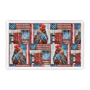 Rooster American Flag Folk art Acrylic Tray