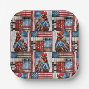 Rooster American Flag Folk art Paper Plates