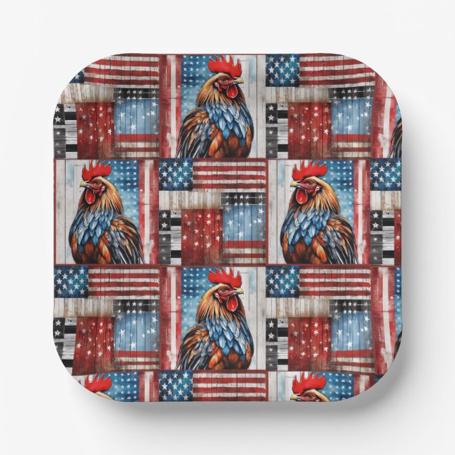 Rooster American Flag Folk art Paper Plates (Front)