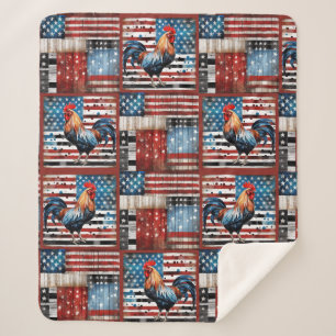 Rooster American Flag Folk art quilt Sherpa Blanket