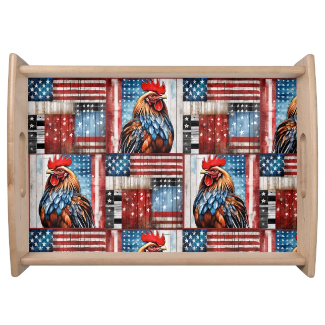 Rooster American Flag Folk art Serving Tray (Front)