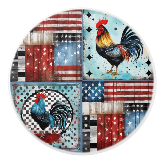 Rooster American Folk art Flag Quilt  Ceramic Knob (Front)