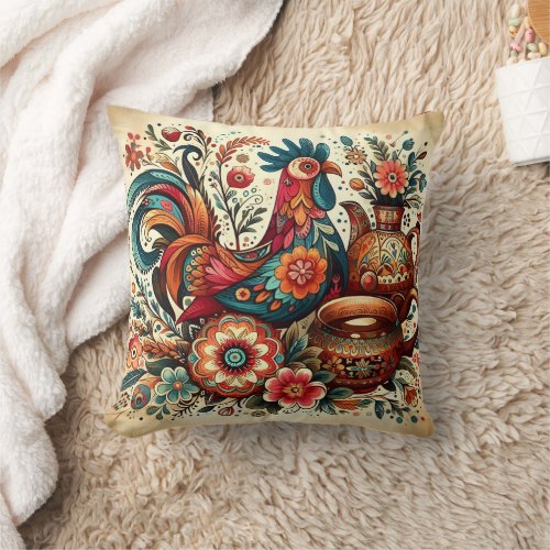 Rooster among bright flowers throw pillow