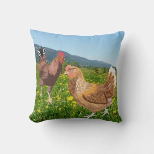 Rooster and Chicken Throw Pillow