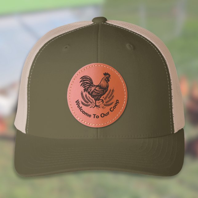 Rooster and Chicken Welcome to Our Coop Leather Patch Hat (Creator Uploaded)