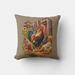 Rooster and Chickens Rustic Farm Barn Scene Throw Pillow
