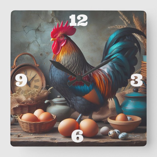 Rooster and Eggs  Square Wall Clock (Front)