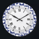 Rooster and Hearts Blue and White Farm Country Large Clock<br><div class="desc">Elegant blue and white pattern featuring roosters and hearts in a traditional American gingham style pattern.</div>