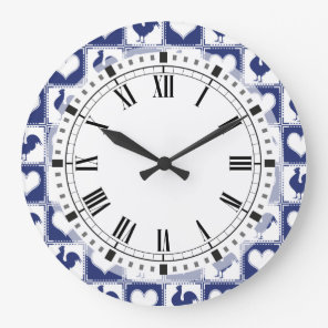 Rooster and Hearts Blue and White Farm Country Large Clock