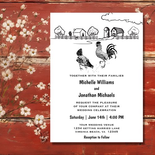 Rooster and Hen Chickens Charming Farm Wedding Invitation
