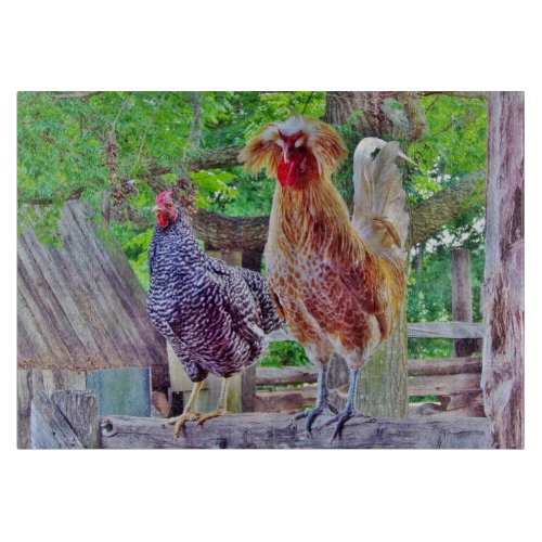 Rooster and Hen Glass Cutting Board