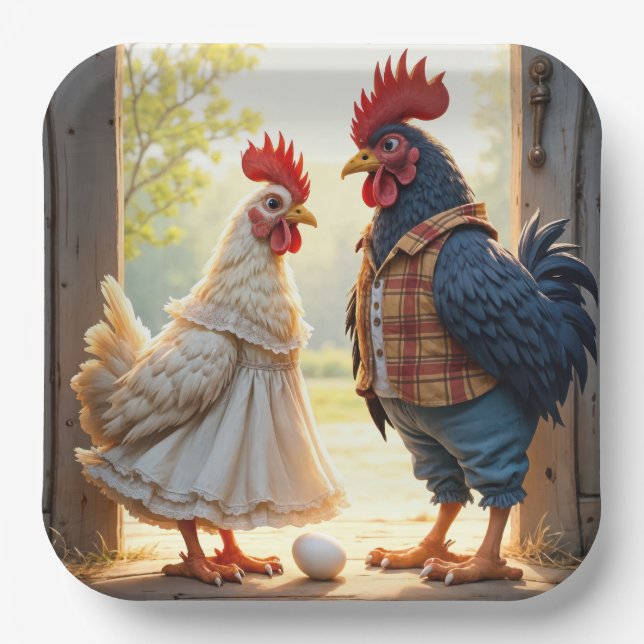 Rooster and Hen Humor Paper Plates (Front)