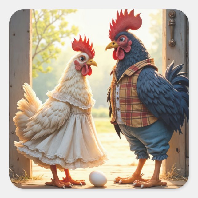 Rooster and Hen Humor Square Sticker (Front)