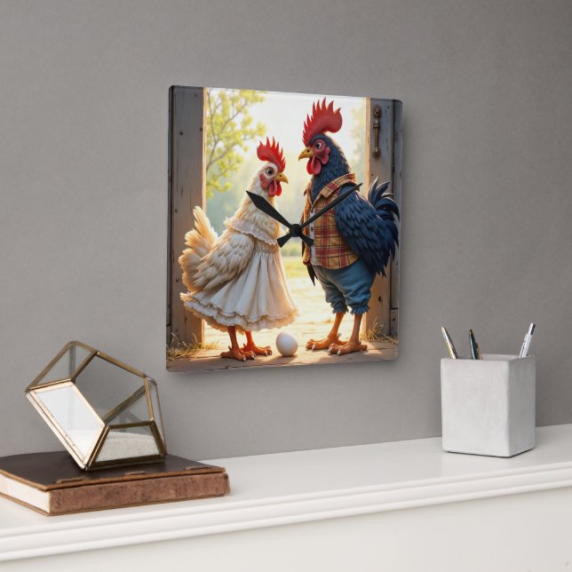 Rooster and Hen Humor Square Wall Clock (Office)