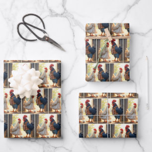 Rooster and Hen Humor Wrapping Paper Sheets