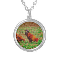 Rooster and Hen Silver Plated Necklace