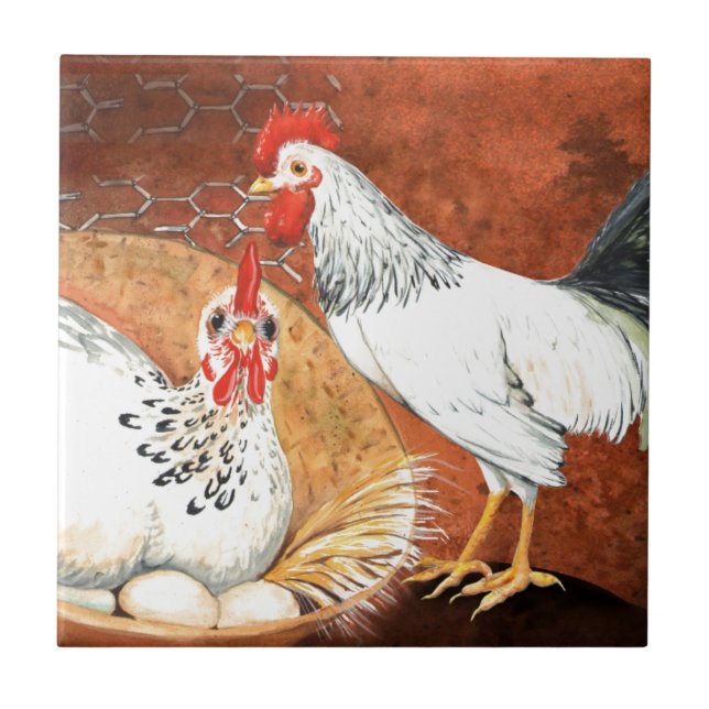 Rooster and Hen with eggs on the Nest Handpainted Ceramic Tile (Front)