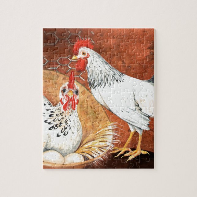Rooster and Hen with eggs on the Nest Handpainted Jigsaw Puzzle (Vertical)