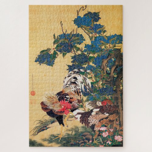 Rooster and Hen with Hydrangeas by Ito Jakuchu Jigsaw Puzzle