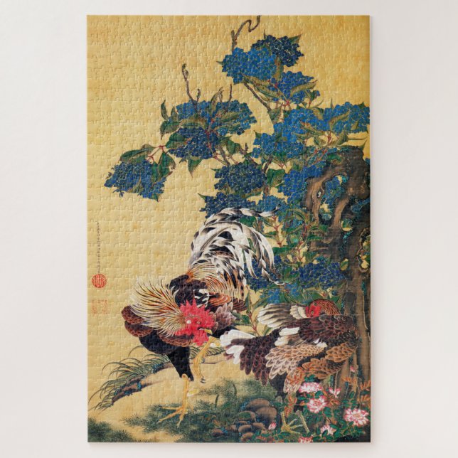 Rooster and Hen with Hydrangeas by Ito Jakuchu Jigsaw Puzzle (Vertical)