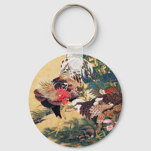 Rooster and Hen with Hydrangeas by Ito Jakuchu Keychain (Front)