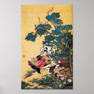 Rooster and Hen with Hydrangeas by Ito Jakuchu Poster