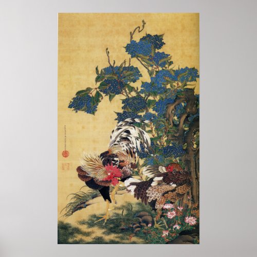 Rooster and Hen with Hydrangeas Poster
