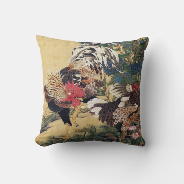 Rooster and Hen with Hydrangeas Throw Pillow (Front)