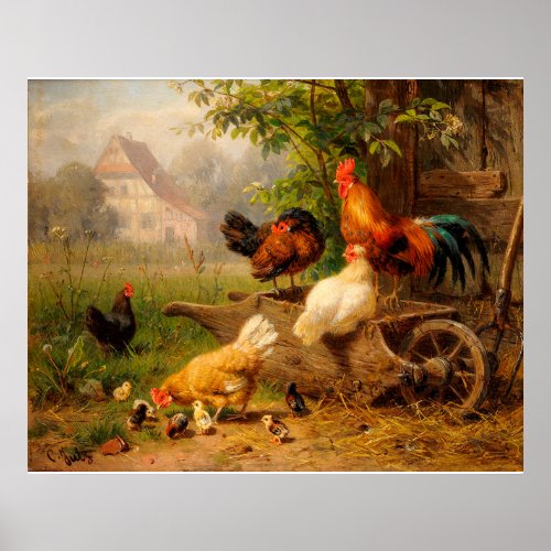 Rooster and Hens Carl Jutz Digital Elaboration Poster