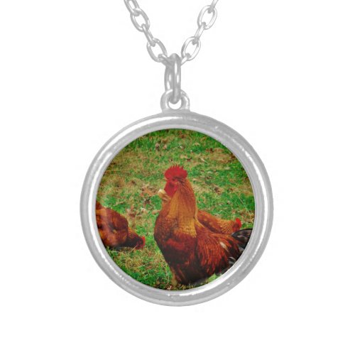 Rooster  and his chick silver plated necklace