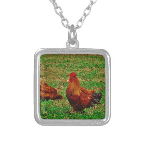 Rooster  and his chick silver plated necklace