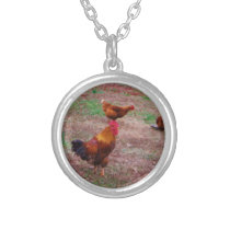 Rooster and his hens silver plated necklace