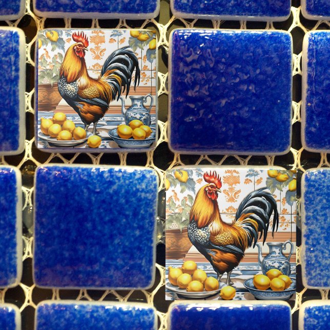 Rooster and Lemons Azulejo Style Blue Orange Cream Ceramic Tile (Creator Uploaded)