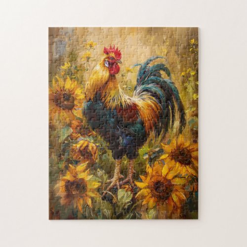 Rooster and Sunflowers Oil Painting Jigsaw Puzzle