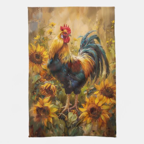 Rooster and Sunflowers Oil Painting Kitchen Towel