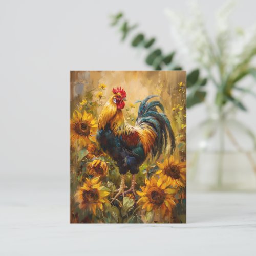 Rooster and Sunflowers Oil Painting Postcard