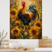 Rooster and Sunflowers Oil Painting