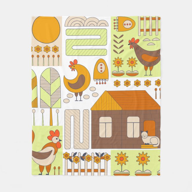 Rooster and two hens, eggs, flowers, house, drawin fleece blanket (Front)