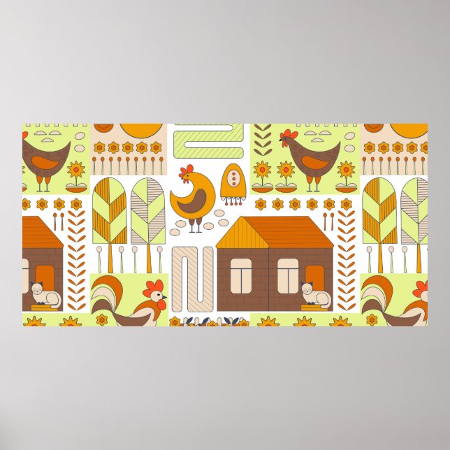 Rooster and two hens, eggs, flowers, house, drawin poster (Front)