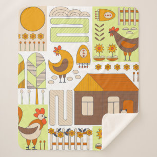 Rooster and two hens, eggs, flowers, house, drawin sherpa blanket