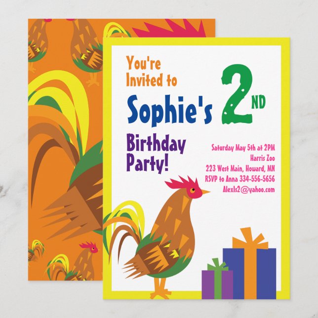 Rooster Animal Kid's Birthday Party Invitations (Front/Back)