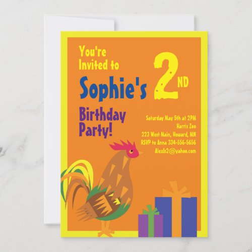 Rooster Animal Kids Birthday Party Invitations